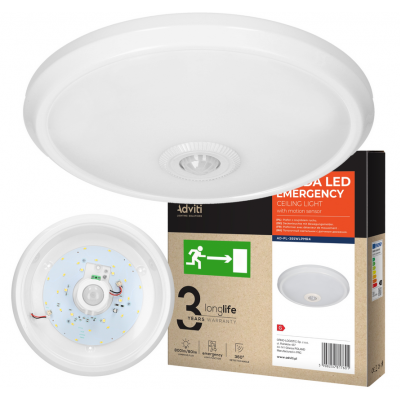 ZONDA LED EMERGENCY 12W/1,2W, plafon z czujnikiem ruchu, 800lm/80lm, IP20, 4000K, poliwęglan mleczny AD-PL-391WLPMR4 ORNO (AD-PL-391WLPMR4)